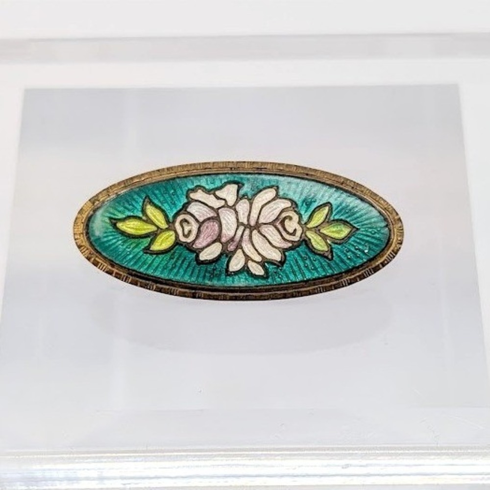 Antique Guilloche Enamel Rose Brooch Brass Green Floral Oval Victorian